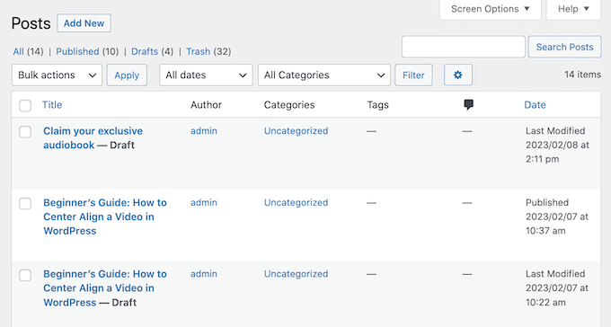 The default admin columns in WordPress The default admin columns in WordPress