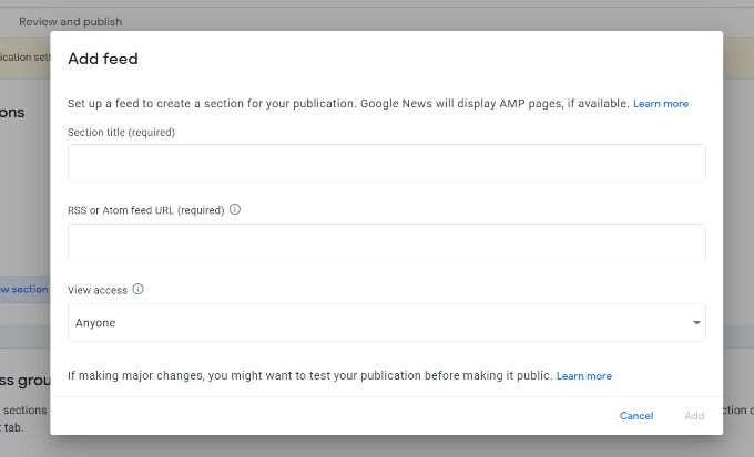 Insira os detalhes do feed