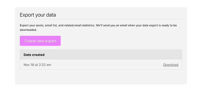 Exportar dados no Substack