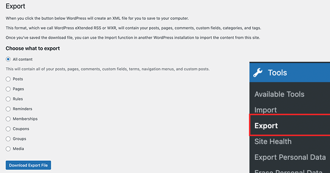 Exportar dados do WordPress