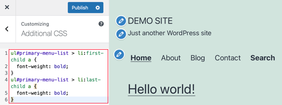 Utilizzo di selettori CSS per stilizzare in modo diverso il primo e l'ultimo elemento del menu