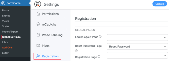 resetformidableregistration Formidable Forms Global Settings Registration Page