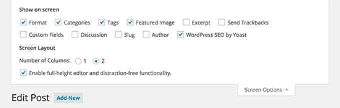 Screen options in classic editor Screen options in classic editor