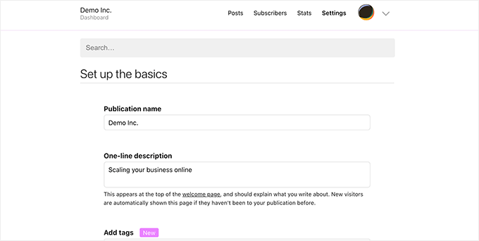Configurações do Substack