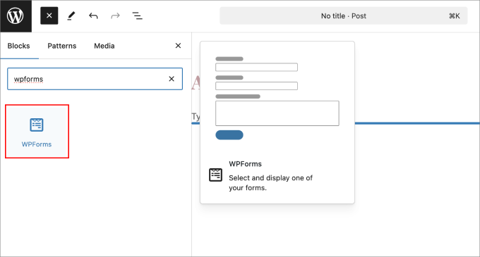 WordPress block editor highlighting WPForms block