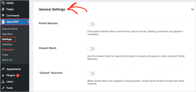 SearchWP's advanced search settings SearchWP's advanced search settings