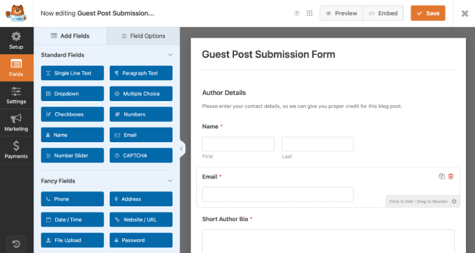 WPForms edit form interface