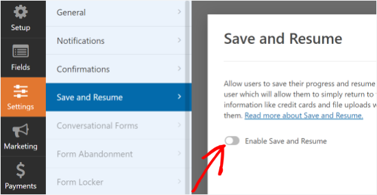 Enable save and resume settings Enable save and resume settings