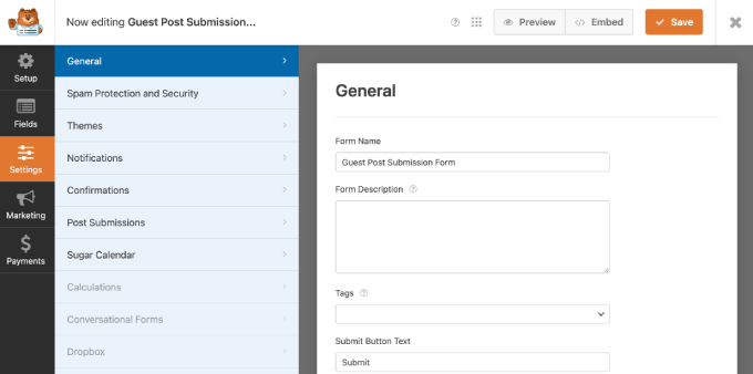 WPForms form setting page