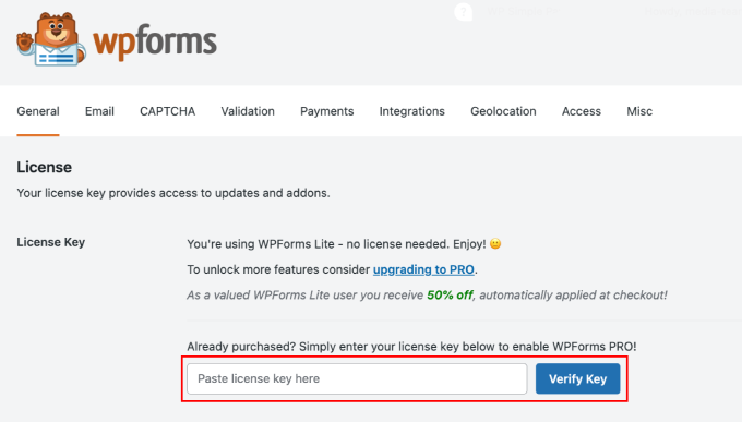 WPForms license key field