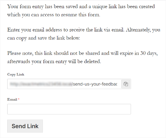 Message users will see on save and resume Message users will see on save and resume