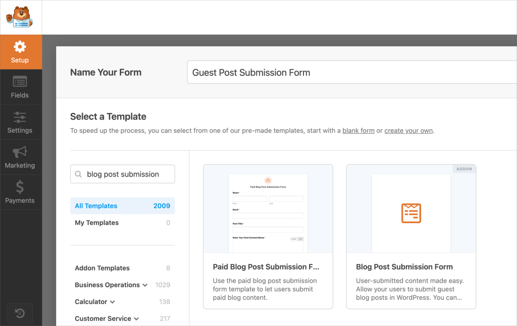 WPForms post submission form template