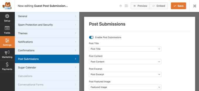 WPForms post submissions settings