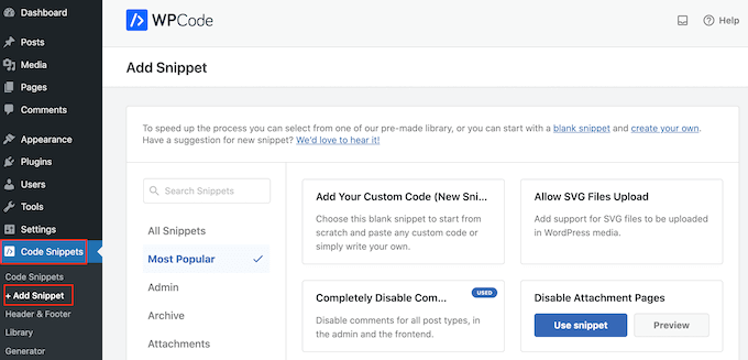 Aggiungere uno snippet di codice personalizzato utilizzando WPCode