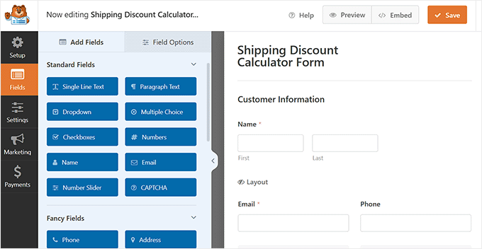 Calculator form template will open in the form builder with form fields on the left Calculator form template will open in the form builder with form fields on the left