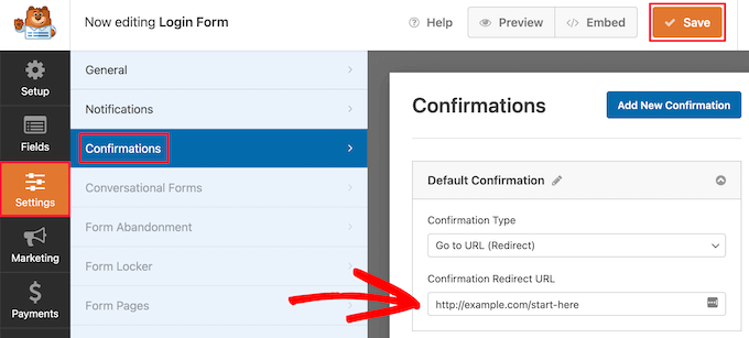 Inserisci URL di reindirizzamento del modulo