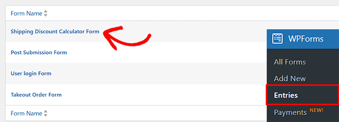 Choose the custom calculator form on the entries page Choose the custom calculator form on the entries page