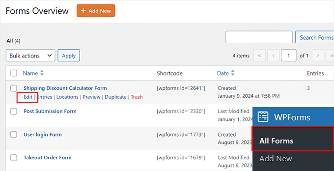 Click the Edit link under form name Click the Edit link under form name