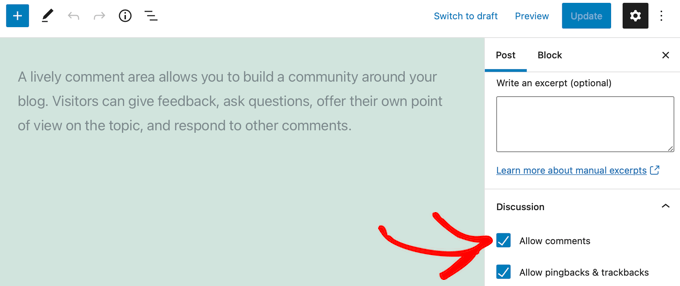 Turn off comments Allow Comments on a Post or Page