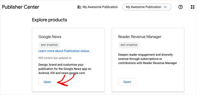 Clique em Abrir na caixa do Google Notícias