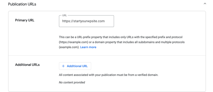 Configurações de URLs de Publicação do Google Sites