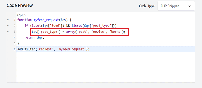 Collez le code pour ajouter un type de publication personnalisé au flux RSS
