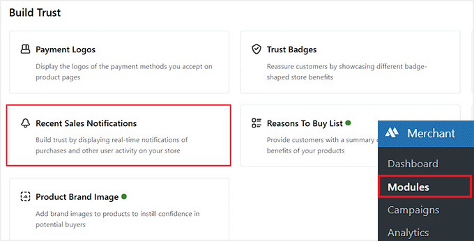 Seleziona il modulo Notifiche di Vendite Recenti in Merchant Seleziona il modulo Notifiche di Vendite Recenti in Merchant