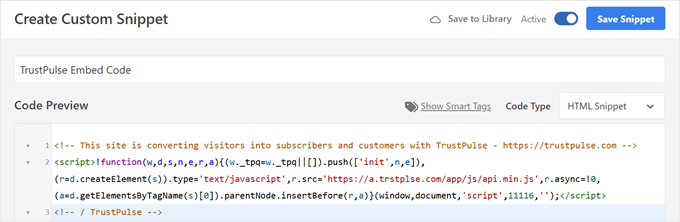Adding TrustPulse embed code in WPCode Adding TrustPulse embed code in WPCode