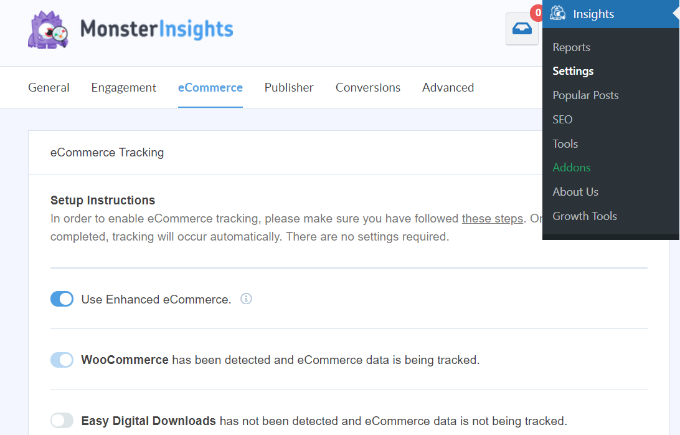 Turning on eCommerce tracking in MonsterInsights Use enhanced ecommerce option