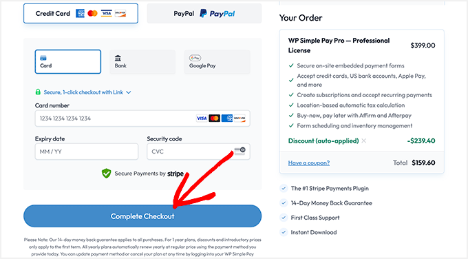 WP Simple Pay add payment details and checkout
