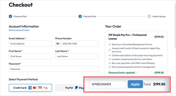 WP Simple Pay enter coupon code