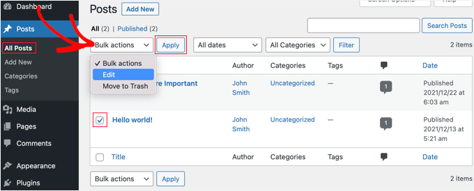 Modifica più articoli contemporaneamente con le azioni di massa