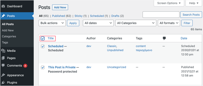 Fai clic sulla casella di controllo accanto a Titolo per selezionare tutti i post