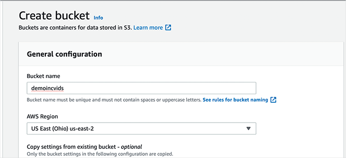 Configurações do bucket