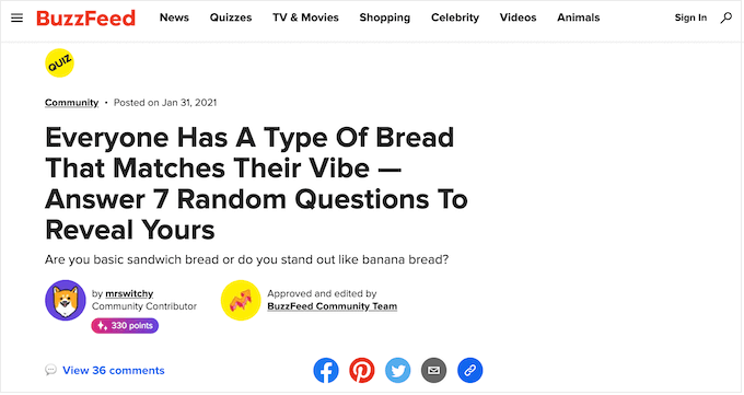 An example of a personality quiz, published on the Buzzfeed website 