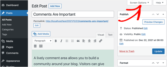 Modifica il post e fai clic su Opzioni schermo
