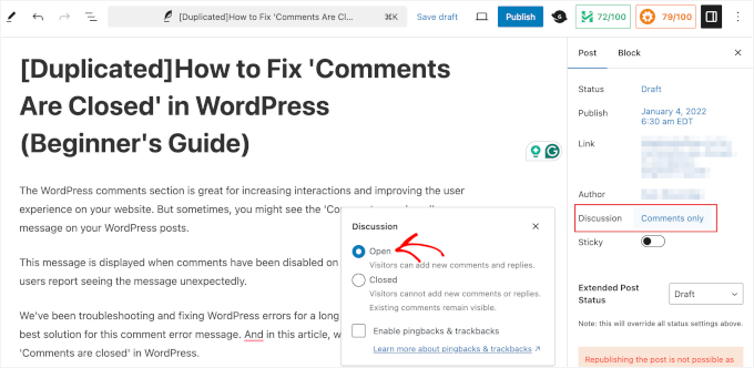 Menu a tendina Apri commenti