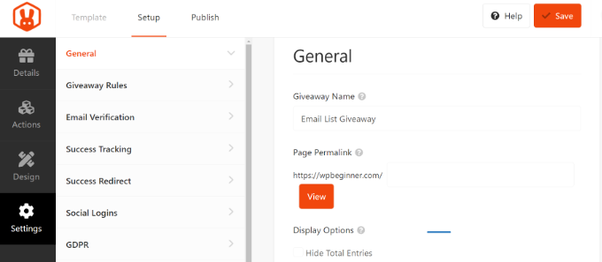 Impostazioni del giveaway