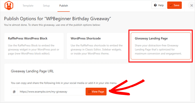 Pubblica la landing page del giveaway RafflePress