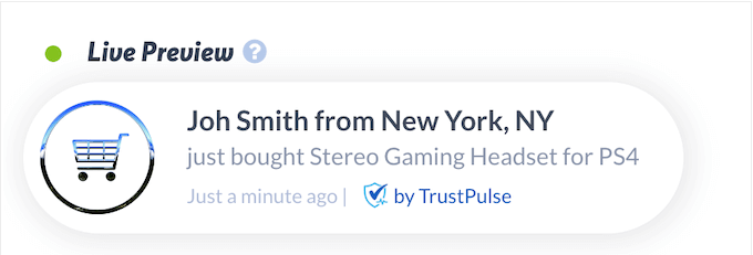 An example of a real time activity notification, created using TrustPulse 