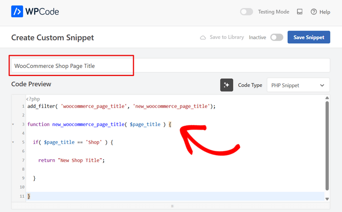 Inserează cod pentru a schimba titlul paginii magazinului WooCommerce în WPCode