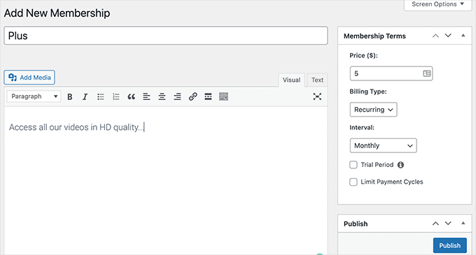 Insira os detalhes do plano de associação