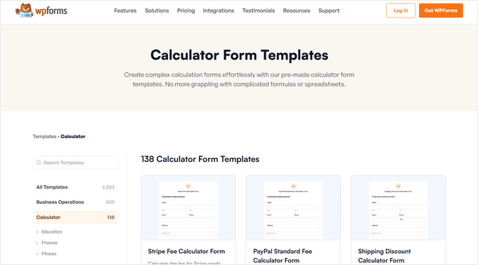 WPForms calculator form templates