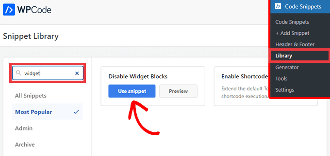 Select the Disable Widget Blocks snippet from the WPCode library Select the Disable Widget Blocks snippet from the WPCode library