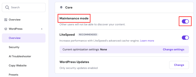 Hostinger hPanel overview menu maintenance mode