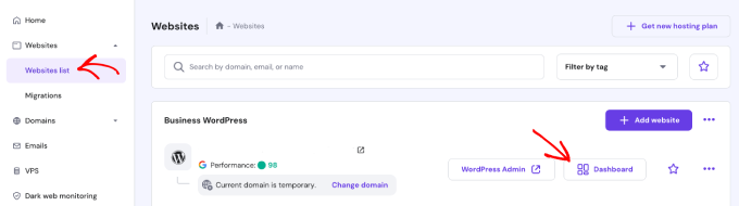 Hostinger hPanel websites page