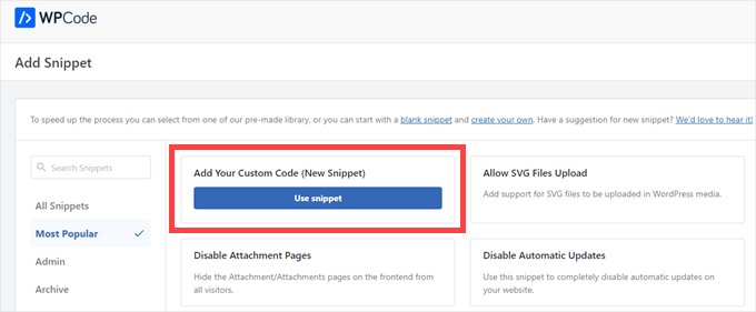 Aggiungi il tuo codice personalizzato con WPCode