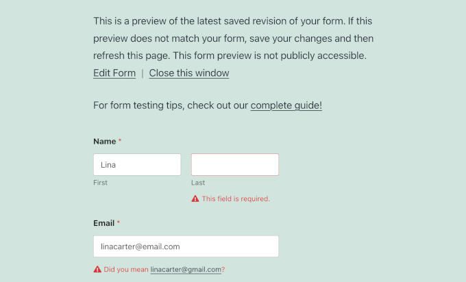 Testing form validation