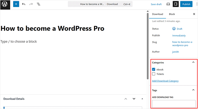 Add the ebook description, category, and tags in EDD