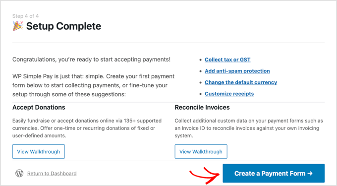 WP Simple Pay Setup Is Complete WP Simple Pay Setup Is Complete